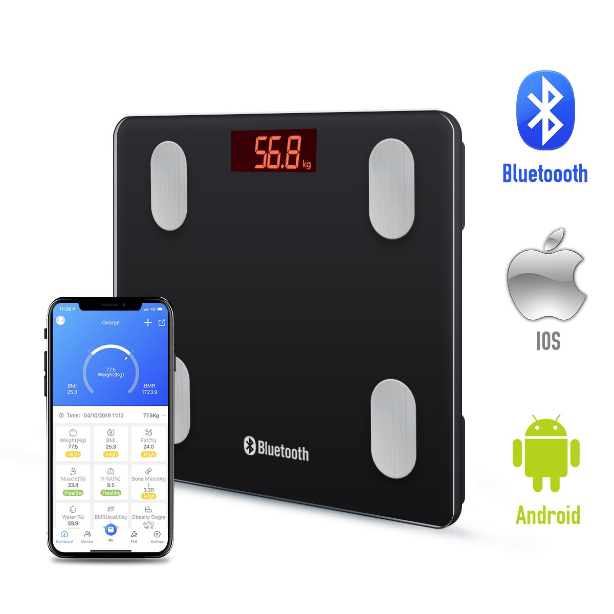 Smart Bluetooth Bathroom Scale with Body Fat Analyser Scales compatible with Apple Health and Google Fit