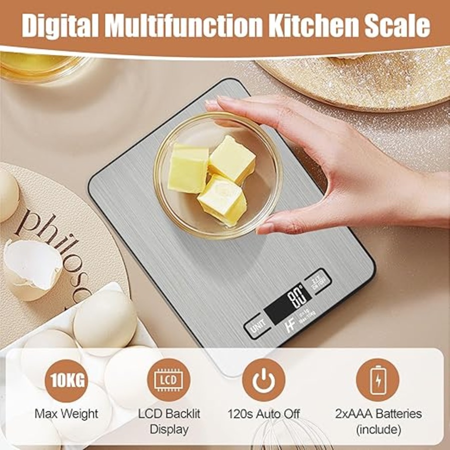 HomeFashion 10kg 1g Digital Kitchen Scales Food Scale Large 23x17cm Platform Electronic Cooking with Backlit LCD Display Multifunction for Home Office Use