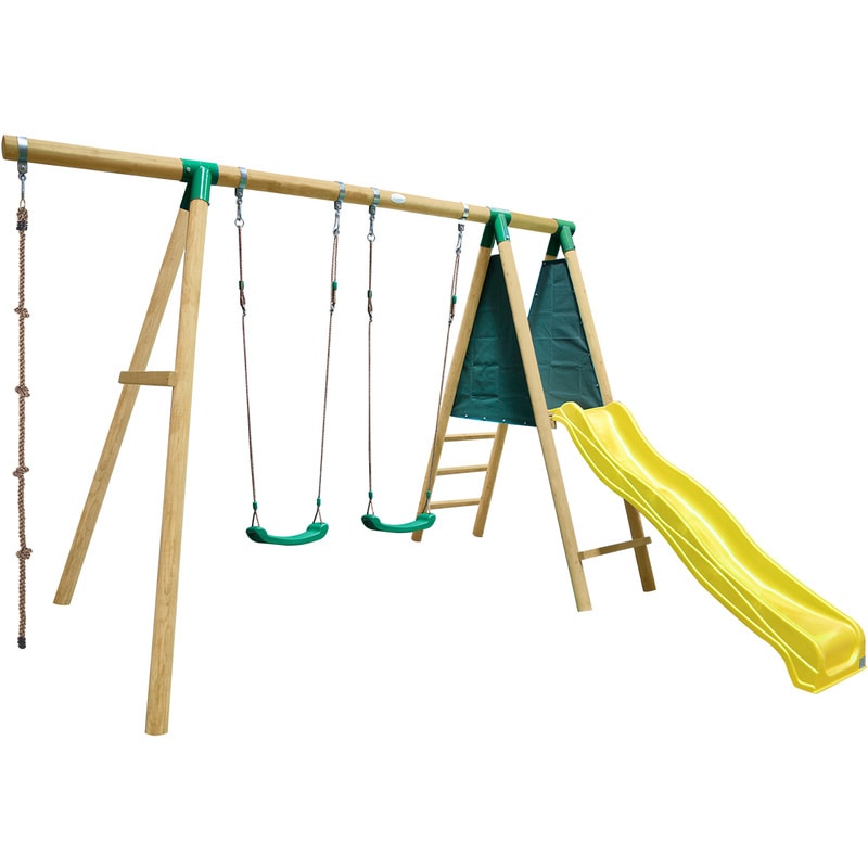 Timber Kids Swing Set 2 Swings Rope & Yellow Slide - MyDeal