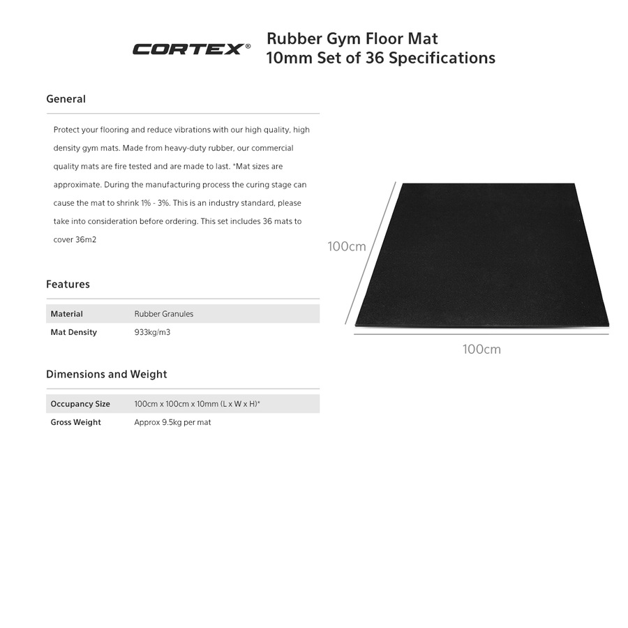 CORTEX 10mm Commercial Bevelled Edge Rubber Gym Tile Mat (1m x 1m) - Set of 36