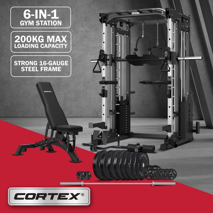 CORTEX SM-25 6-In-1 Power Rack With Smith & Cable Machine + Bn-9 Bench + 130Kg Olympic Bumper Weight Plate & Barbell Package