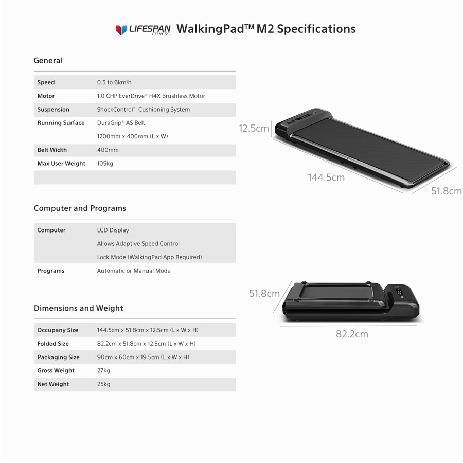 Lifespan Fitness WalkingPad™ M2 Treadmill Under Desk Treadmill 180° Fully Foldable for Convenient Storage 6km/h