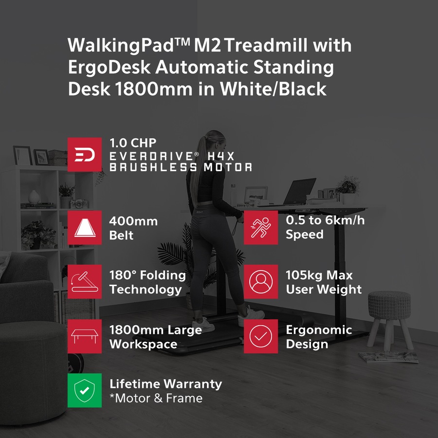 Lifespan Fitness WalkingPad M2 Treadmill with ErgoDesk Automatic Standing Desk 1800mm in White/Black