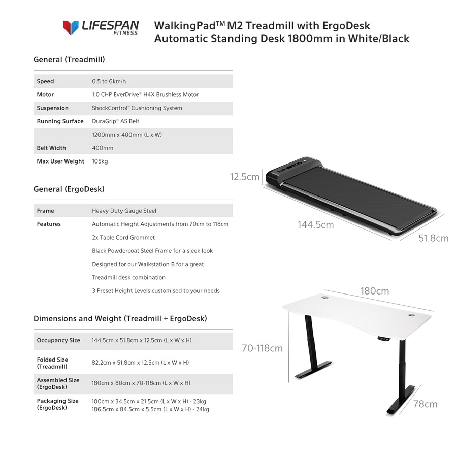 Lifespan Fitness WalkingPad M2 Treadmill with ErgoDesk Automatic Standing Desk 1800mm in White/Black