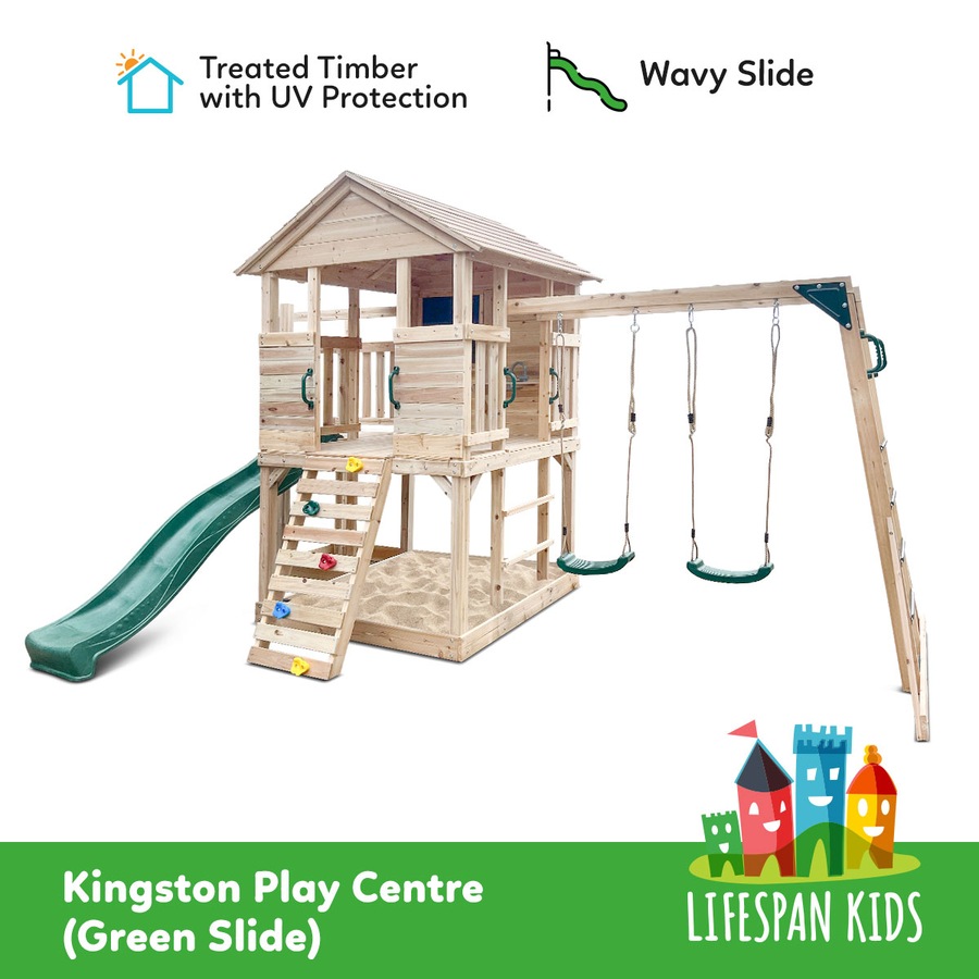 Lifespan Kids Kingston Cubby House Swing Set with 2.2m Green Slide