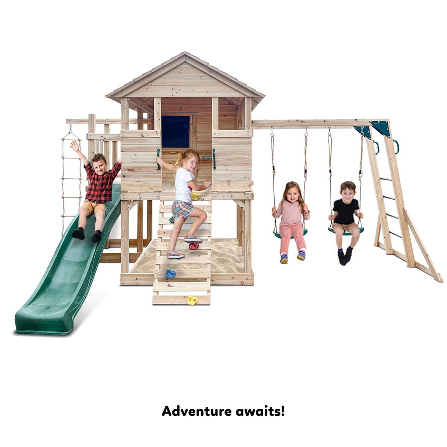 Lifespan Kids Kingston Cubby House Swing Set with 2.2m Green Slide