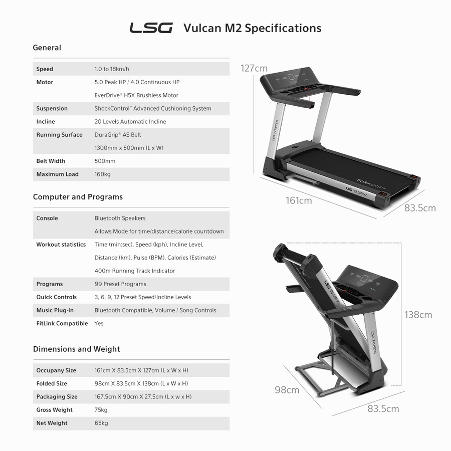 LSG Vulcan M2 Treadmill with 4.0 CHP 18km/h Max Speed 20 Auto Incline Levels Bluetooth Speakers