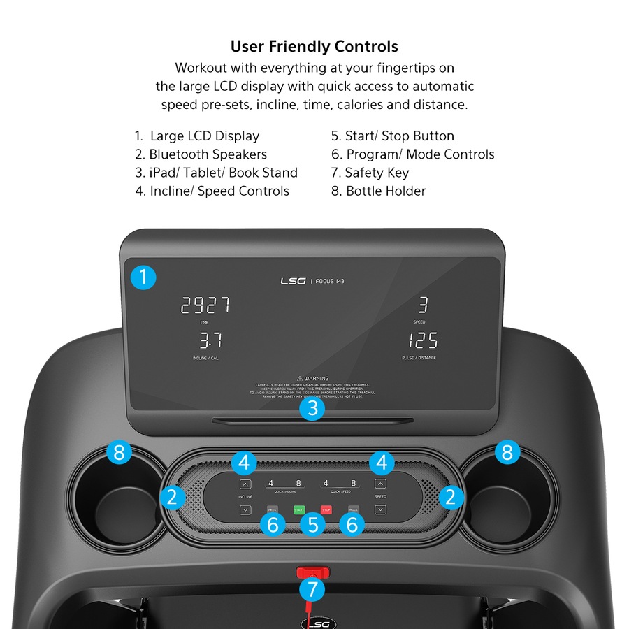 LSG Focus M3 Treadmill Home Treadmill for Cardio 18km/h Max Speed 2.5CHP EverDrive Motor Pulse Sensors Folding Treadmill
