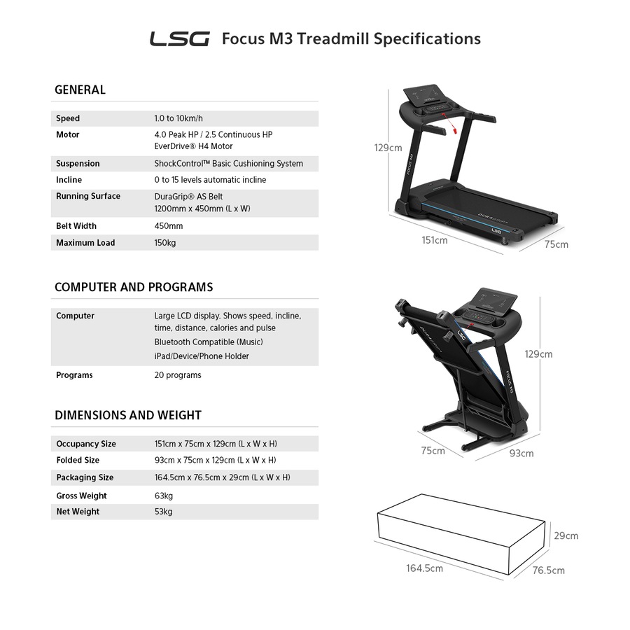 LSG Focus M3 Treadmill Home Treadmill for Cardio 18km/h Max Speed 2.5CHP EverDrive Motor Pulse Sensors Folding Treadmill
