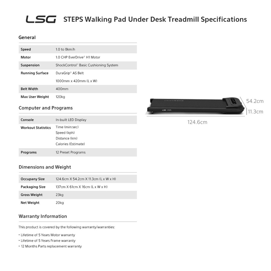 LSG STEPS 420mm Extra Wide Walking Pad Under Desk Treadmill 8km/h Speed Suitable for Walk & Work Home Office