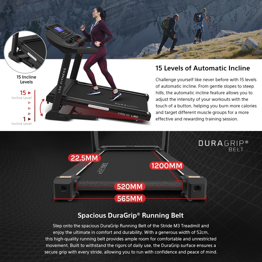 LSG Stride M3 Treadmill Home Cardio for Walking, Jogging & Running 20km/h Max Speed with 15 Automatic Incline Levels