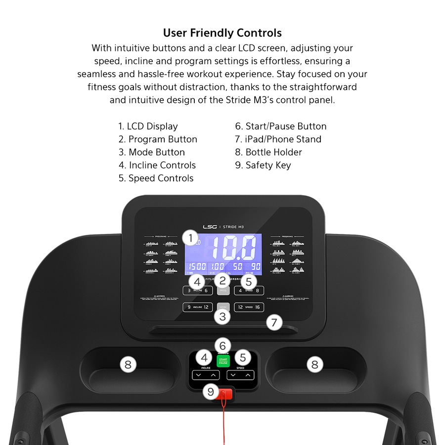 LSG Stride M3 Treadmill Home Cardio for Walking, Jogging & Running 20km/h Max Speed with 15 Automatic Incline Levels