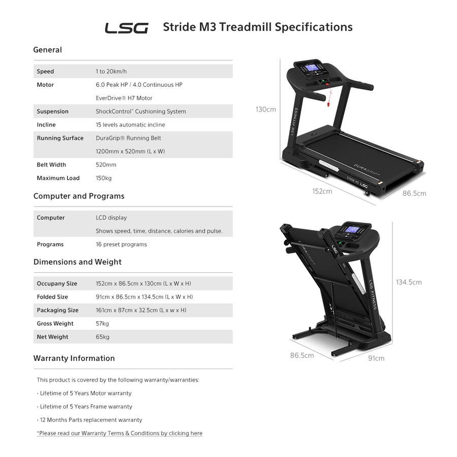 LSG Stride M3 Treadmill Home Cardio for Walking, Jogging & Running 20km/h Max Speed with 15 Automatic Incline Levels