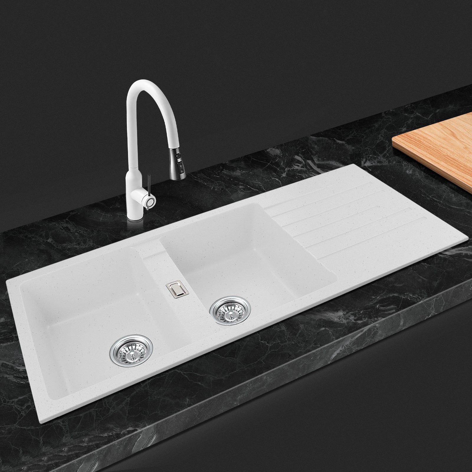 ACA 1160x500mm White Granite Stone Double Bowls Kitchen Sink Drainboard Top/Flush Mount
