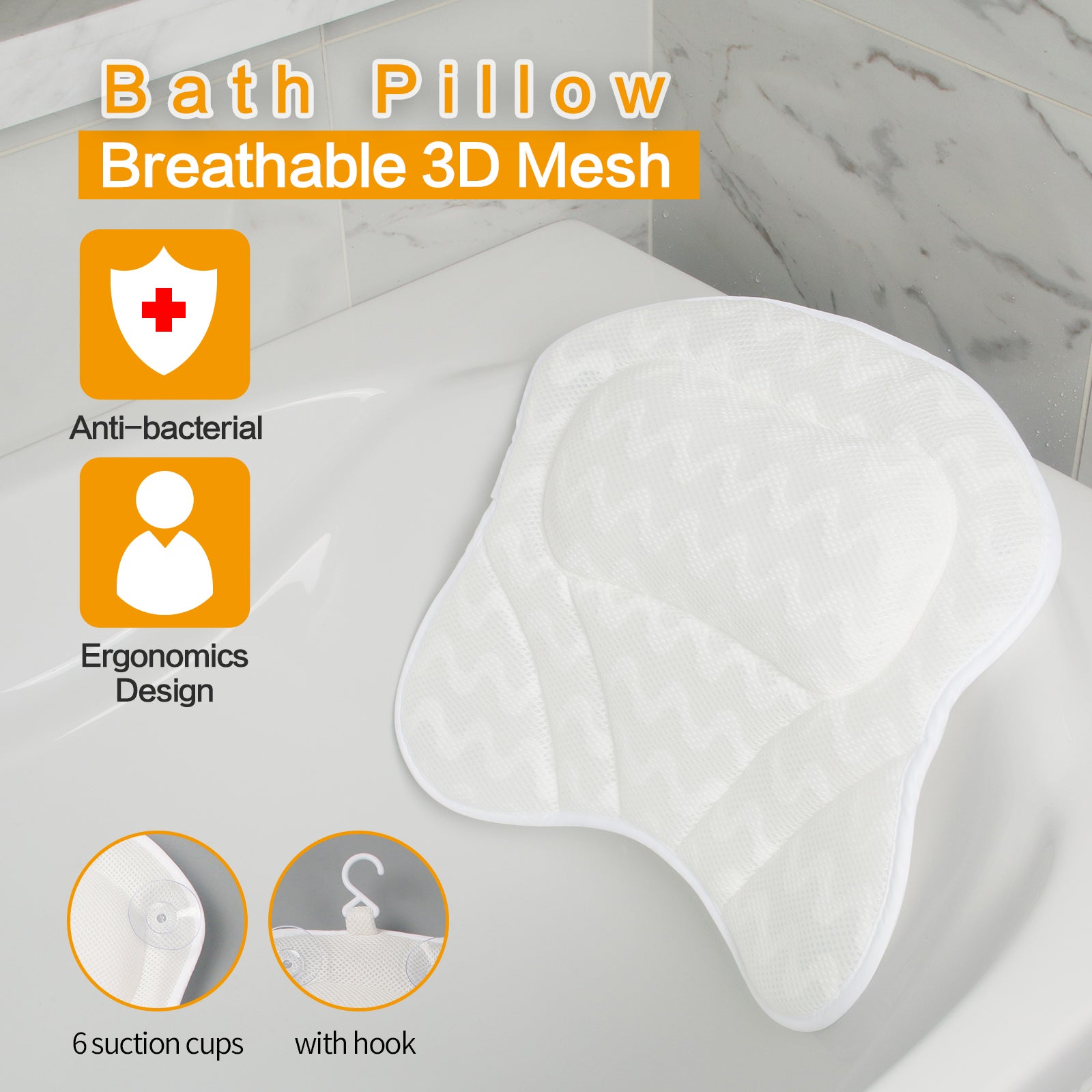 ADDIS WHITE CUSHIONED BATH PILLOW WITH SUCTION PADS 