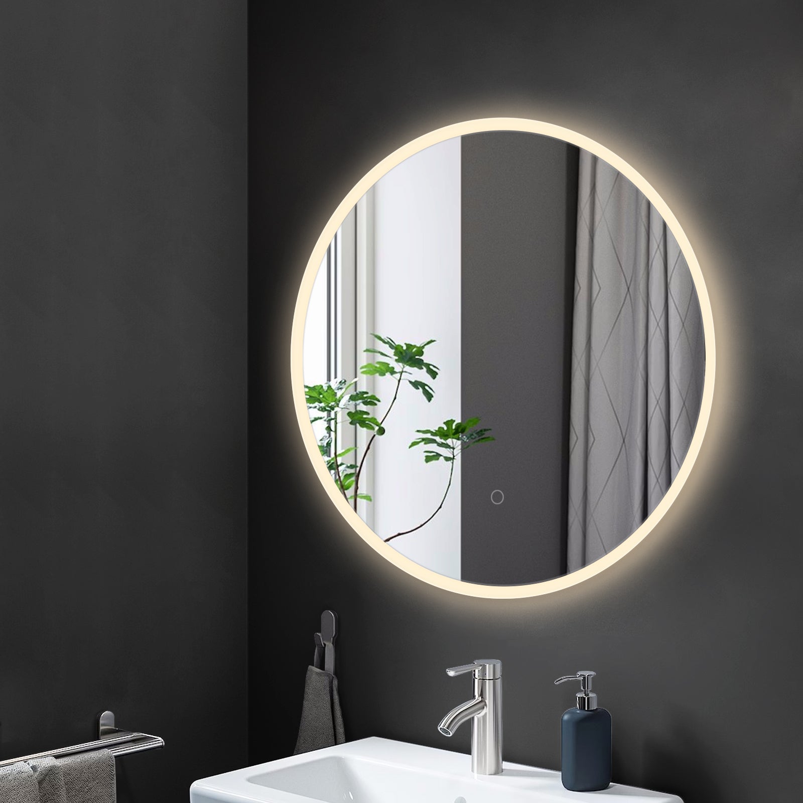 ACA 60CM Bathroom Round Mirror LED Light Vanity Makeup Mirror Touch Light Up Anti-Fog Wall Hung IP44