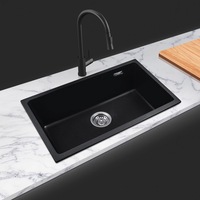 ACA 680x440x220mm Black Single Bowl Granite Quartz Stone Kitchen/Laundry Sink with Overflow Top/Under Mount
