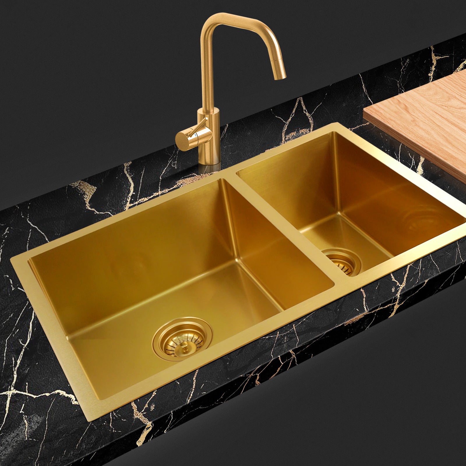 ACA Kitchen Sink 710x450x205mm Brushed Yellow Gold Handmade Round Corners Double Bowls Top/Undermount/Flush Mount