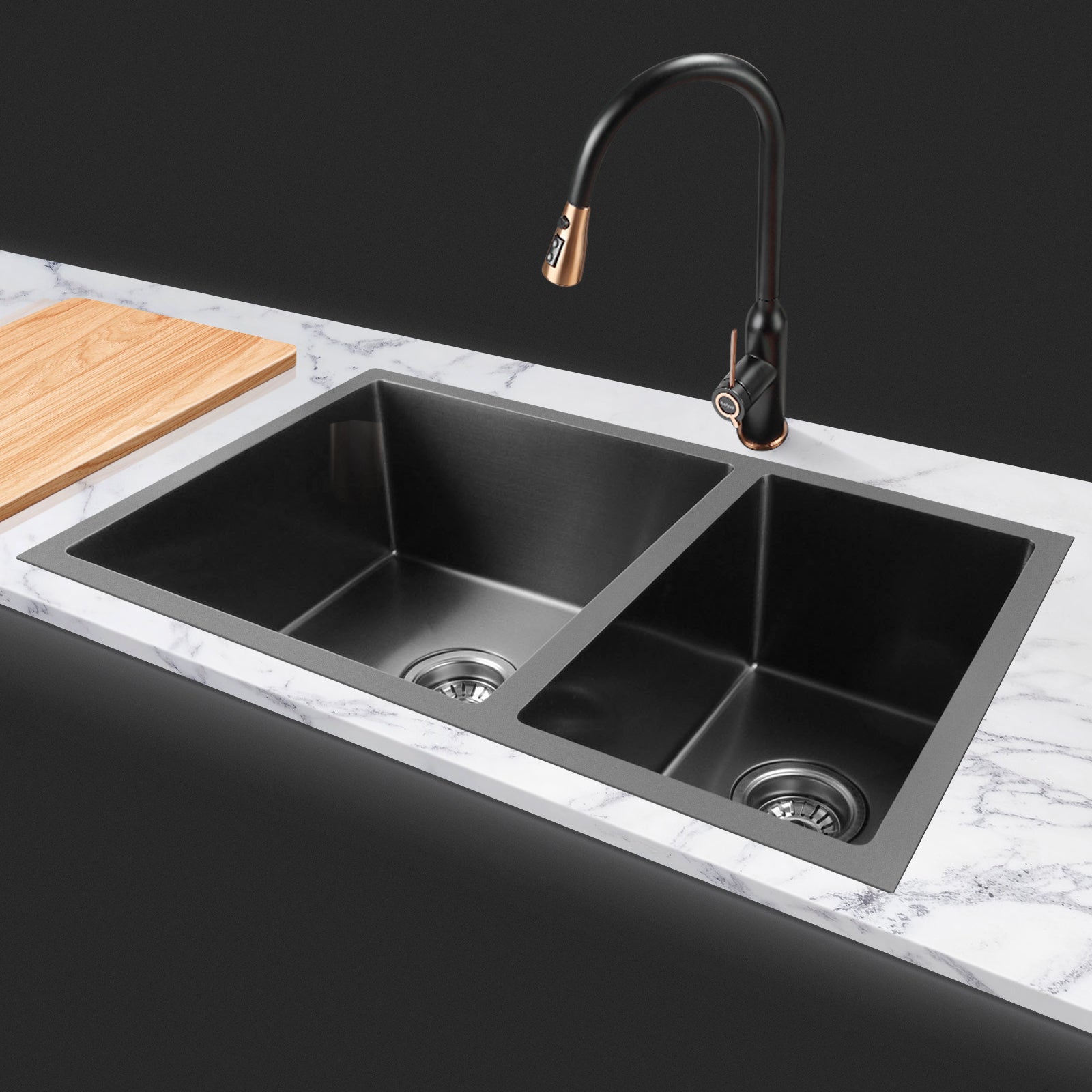 ACA 710x450x205mm Dark Grey Handmade Kitchen Sink 304 Stainless Steel Double Bowls Top/Under/Flush Mount