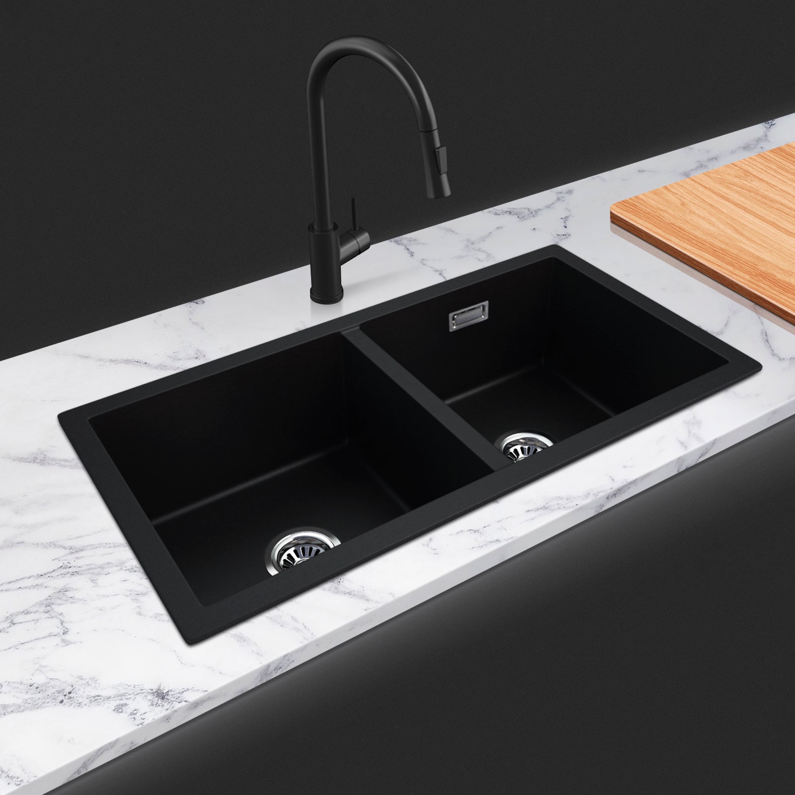 ACA Black Kitchen Sink 83.5x49CM Granite Quartz Stone Double Bowls Top/Undermount with Overflow