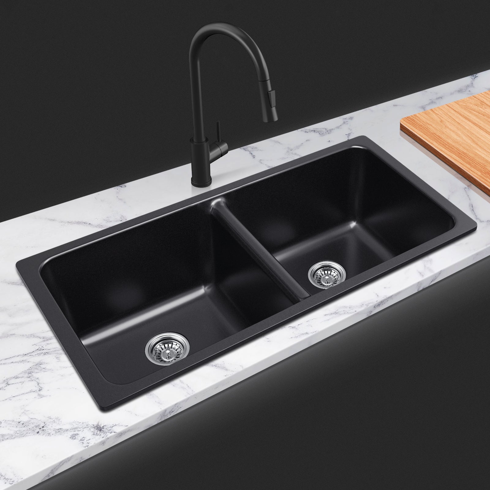 ACA Kitchen Sink 838.2x476.7x241mm Granite Stone Double Bowls Laundry Basin Black