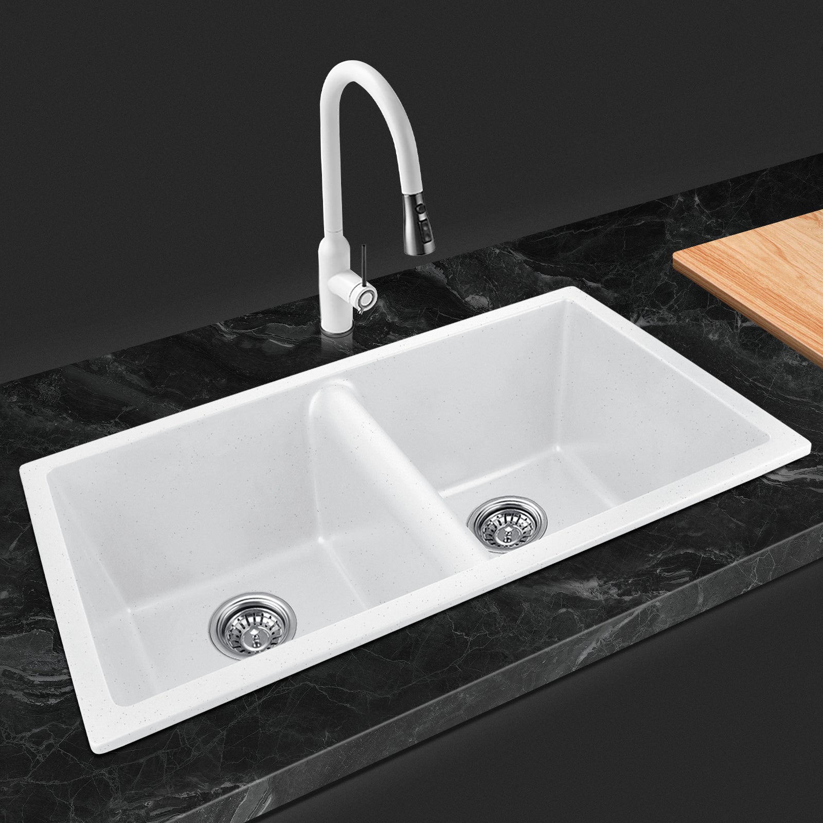 ACA Kitchen Sink 83x47CM White Granite Stone Double Bowls Kitchen Laundry Sink Basin