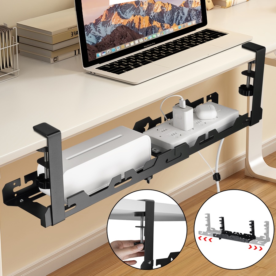 ACA 45-72cm Cable Management Organiser Under Desk Cord Basket Tray Shelf Extendable Black
