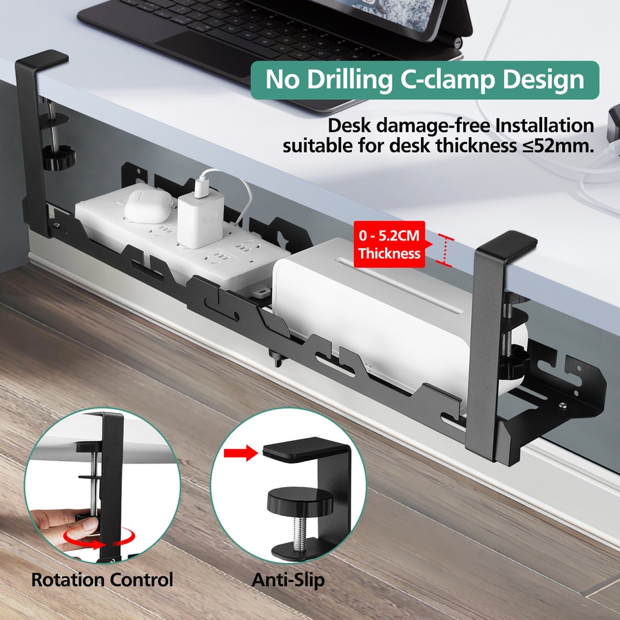 ACA 45-72cm Cable Management Organiser Under Desk Cord Basket Tray Shelf Extendable Black