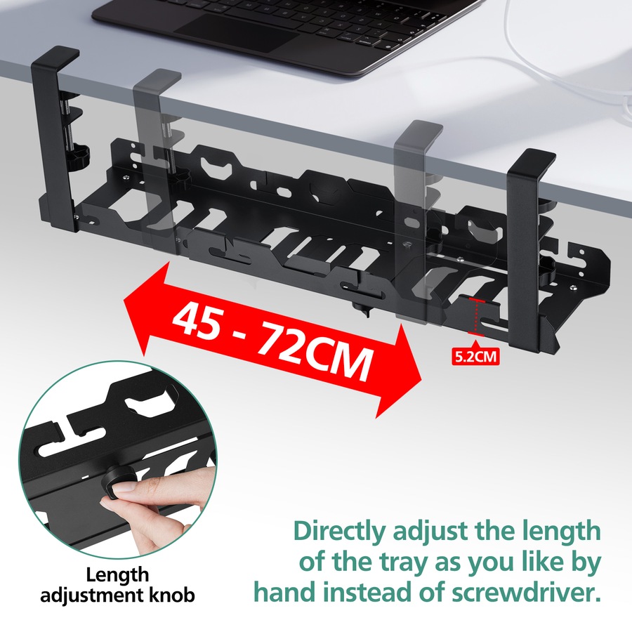 ACA 45-72cm Cable Management Organiser Under Desk Cord Basket Tray Shelf Extendable Black