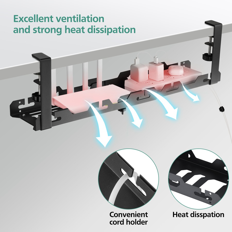 ACA 45-72cm Cable Management Organiser Under Desk Cord Basket Tray Shelf Extendable Black