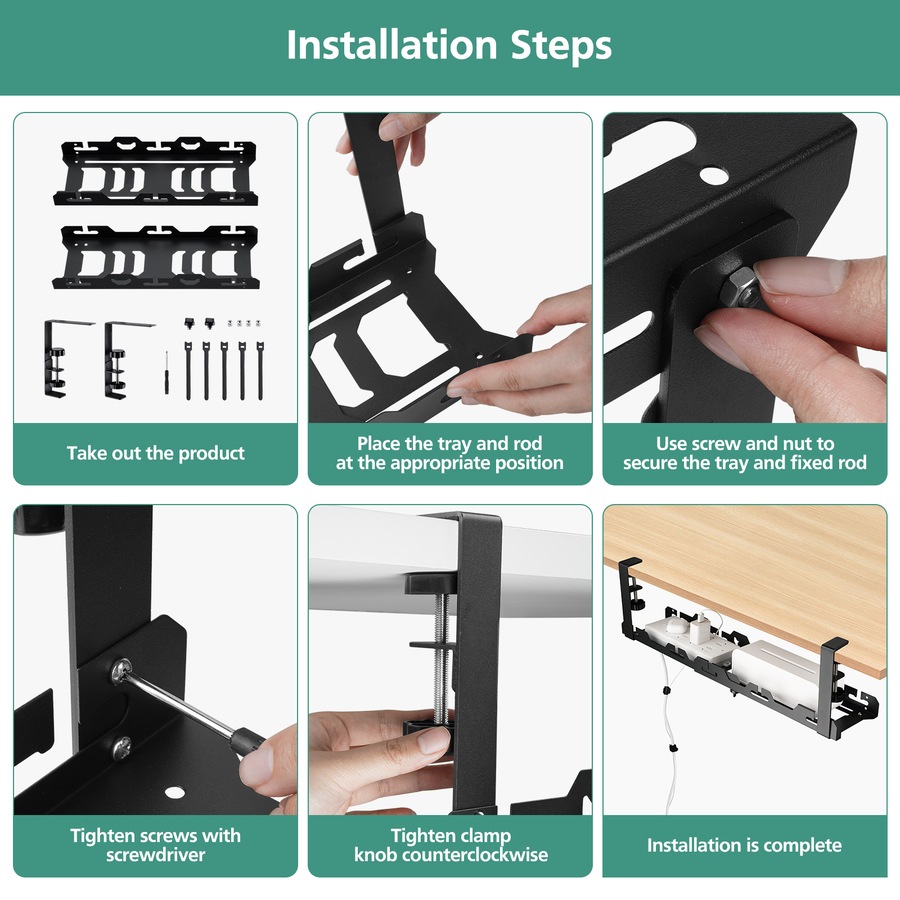 ACA 45-72cm Cable Management Organiser Under Desk Cord Basket Tray Shelf Extendable Black