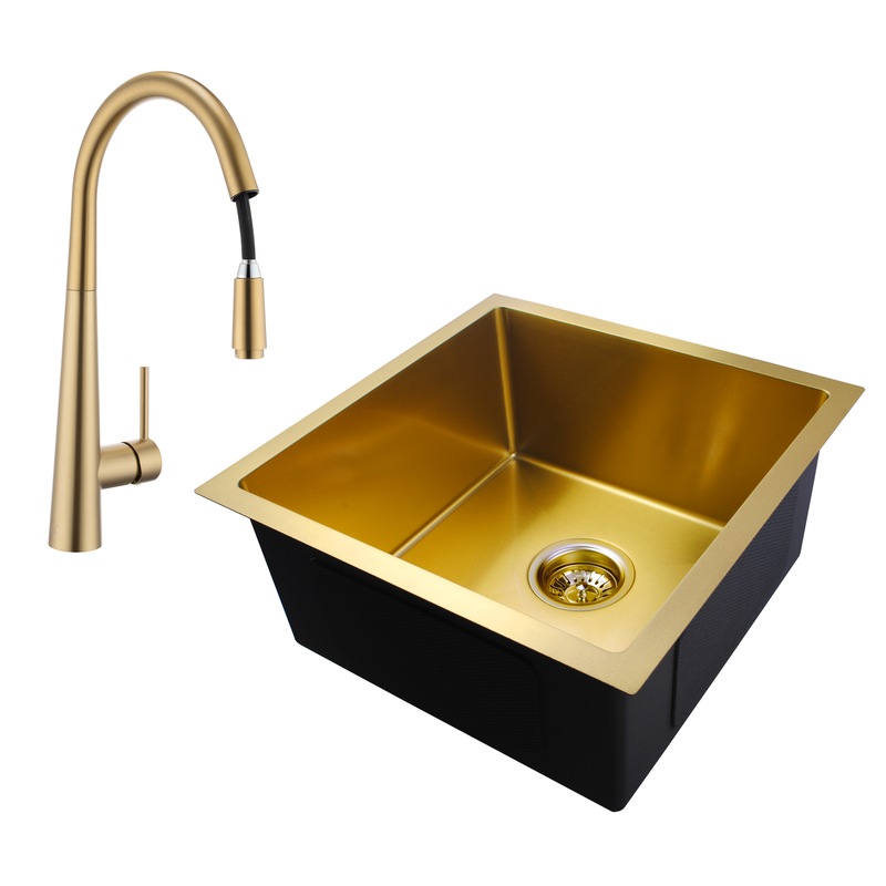 Buy ACA 44X44CM Brushed Gold Kitchen Sink With Tap Set 304 Stainless