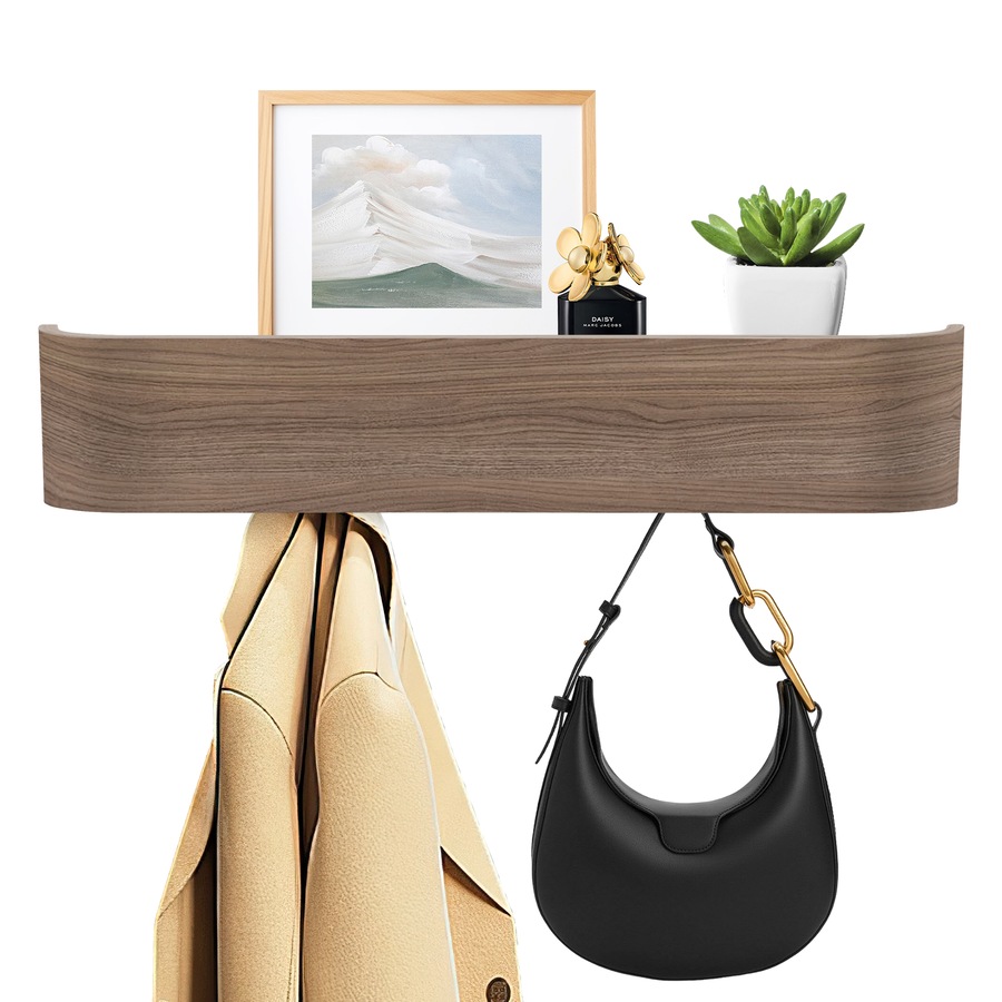 ACA 52cm Wall-Mounted Modern Design Coat Rack with Hidden Wall Hooks Floating Shelves Curved Shape Wall Decor Walnut