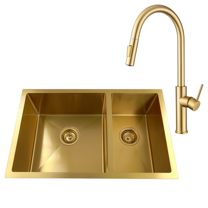 Buy ACA 71X45CM Brushed Gold Kitchen Sink With Tap Set Double Bowls