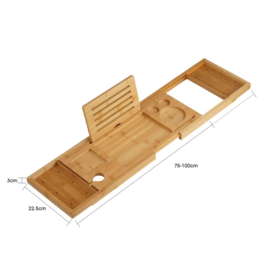 ACA 75-100cm Expandable Bamboo Bath Caddy Wine Glass Holder Tray Over Bathtub Rack Support