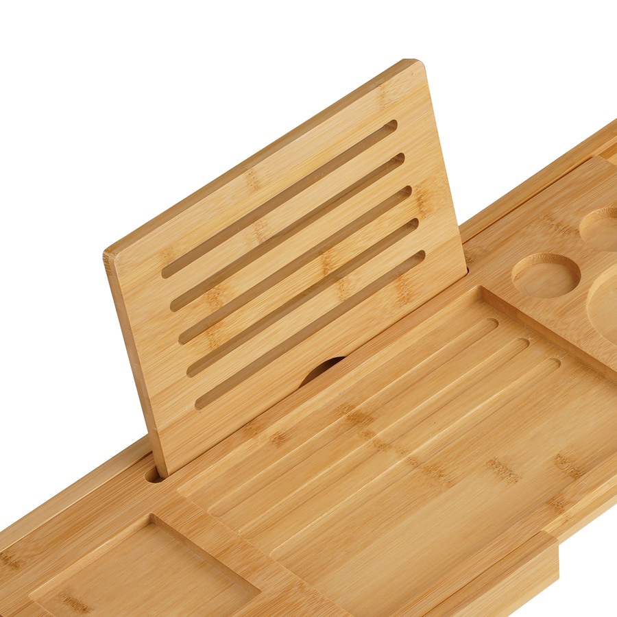 ACA 75-100cm Expandable Bamboo Bath Caddy Wine Glass Holder Tray Over Bathtub Rack Support