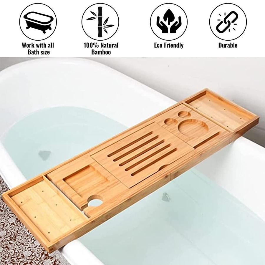 ACA 75-100cm Expandable Bamboo Bath Caddy Wine Glass Holder Tray Over Bathtub Rack Support