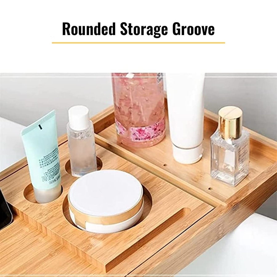 ACA 75-100cm Expandable Bamboo Bath Caddy Wine Glass Holder Tray Over Bathtub Rack Support