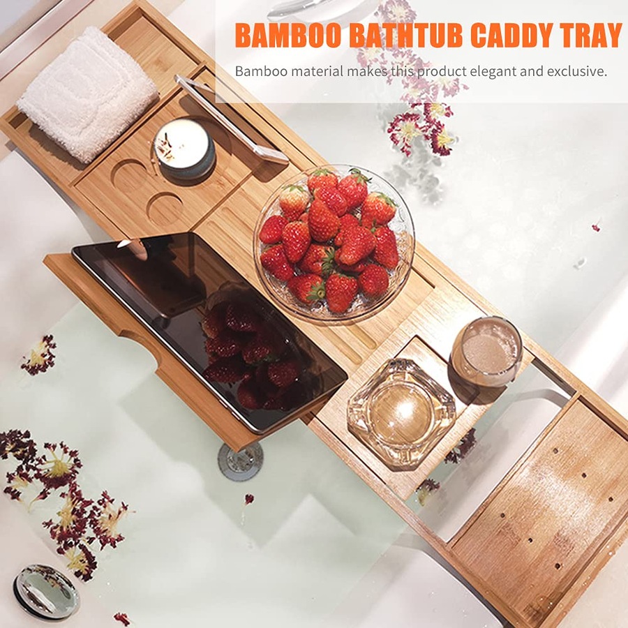 ACA 75-100cm Expandable Bamboo Bath Caddy Wine Glass Holder Tray Over Bathtub Rack Support