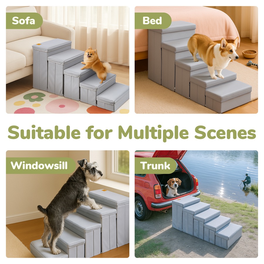 ACA Dog Stairs Storage Box 5 Tiers Dog Pet Ramp Steps for High Bed Couch Sofa