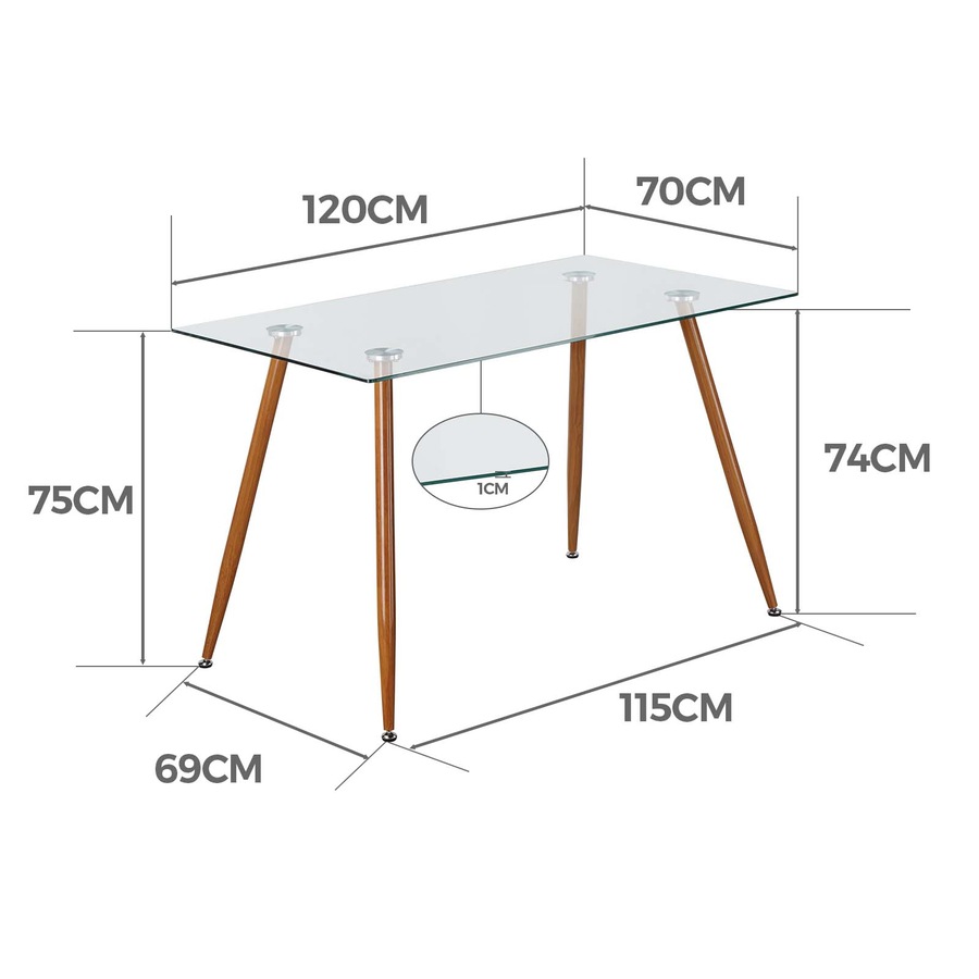 ACA Glass Dining Table 120cm Rectangular Tabletop Kitchen Furniture Cafe Restaurant Walnut