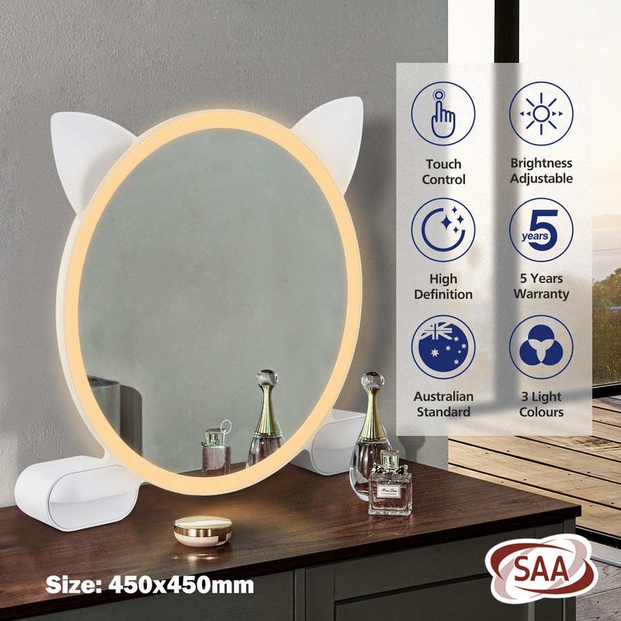 ACA LED Makeup Mirror Cat Ear Vanity Tabletop 3 Colors Light Strip Touch 450mm