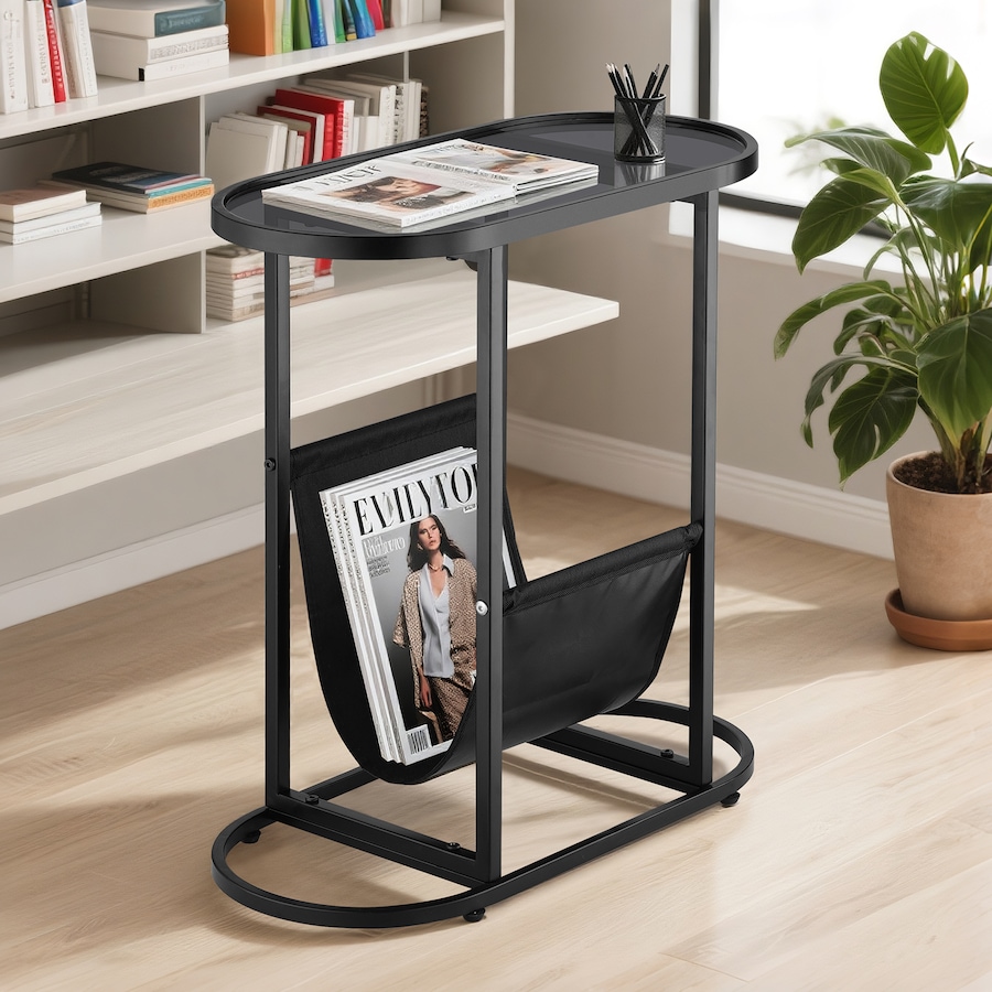 ACA Oval End Table Narrow Glass Side Tables Bedside Table with Magazine Storage Shelves