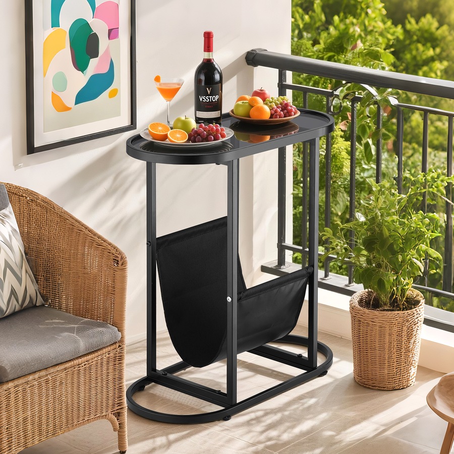 ACA Oval End Table Narrow Glass Side Tables Bedside Table with Magazine Storage Shelves