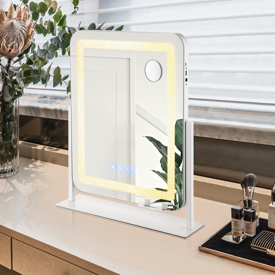 ACA Touch Crystal LED Vanity Tabletop Makeup Mirror Bluetooth 360 Rotation 50x40cm