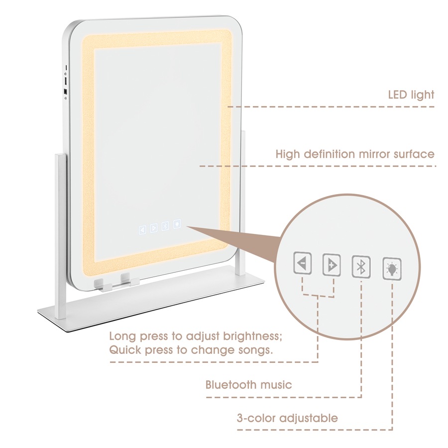 ACA Touch Crystal LED Vanity Tabletop Makeup Mirror Bluetooth 360 Rotation 50x40cm