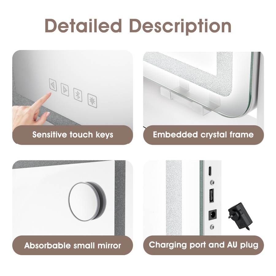 ACA Touch Crystal LED Vanity Tabletop Makeup Mirror Bluetooth 360 Rotation 50x40cm