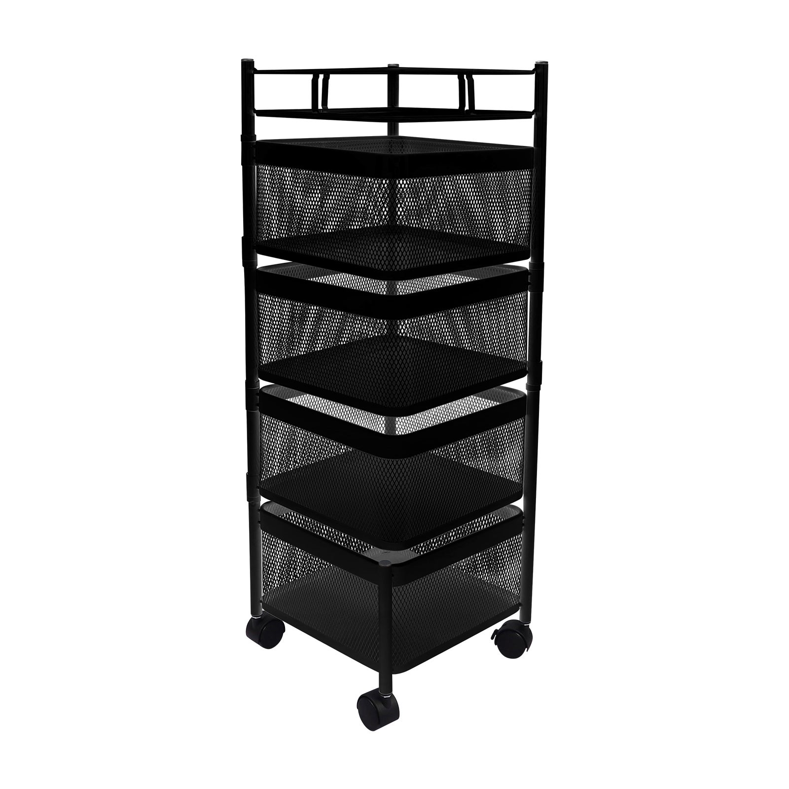Black 4 Tier Carbon Steel Kitchen Storage Rack Basket Hair Salon Moving Storage Wheel Trolley Cart