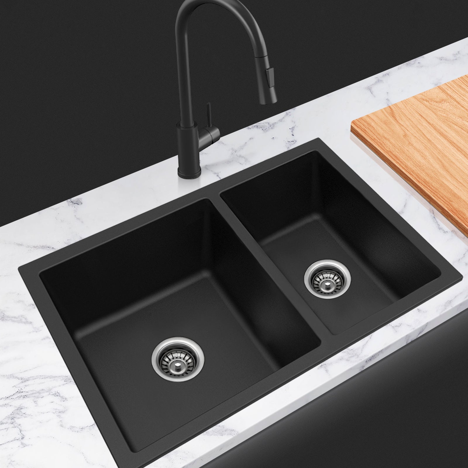 ACA Black 710x450mm Granite Stone Double Bowls Kitchen Laundry Sink Top Flush Mount