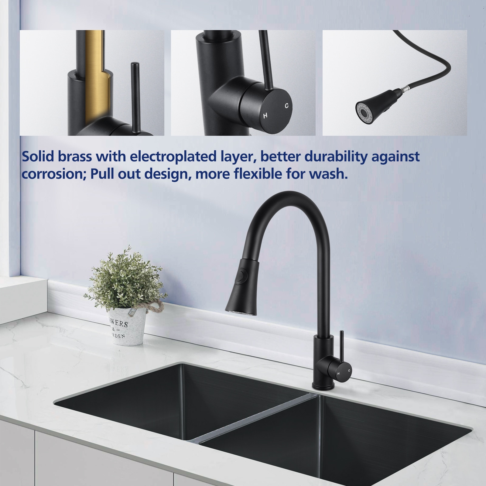 Pull Out Kitchen Sink Mixer Tap Shower Spout Matte Black 4L/M | Buy ...